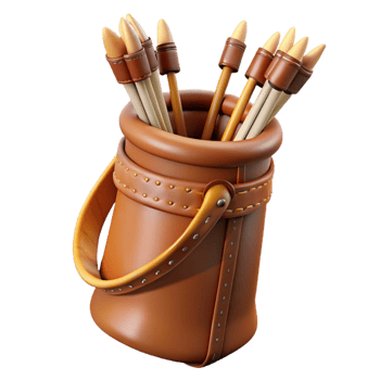 wonderful dreamy artistic Hyper-specific, professional render of a leather-bound quiver full of feathered arrows with Transparent Background flawless png