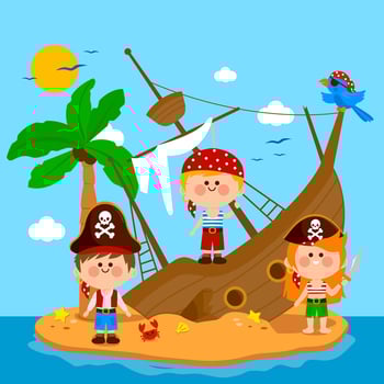 Pirate boys and girls on a broken ship on an island with a palm tree. Shipwreck on an island. Pirate ship on a summer treasure island at the beach. vector