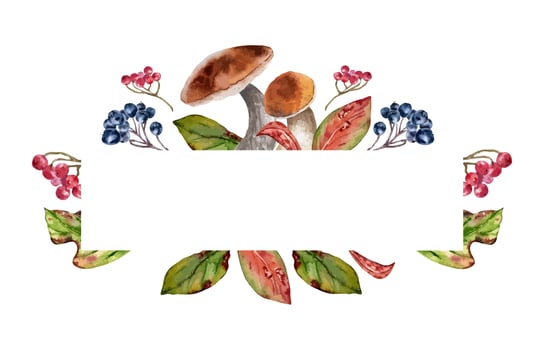 Mushrooms orange caps and red autumn leaves in watercolor border isolated. Rowan red, viburnum berries, black chokeberry on frame painted. Fall colorful invitation with wild forest plants hand drawn. vector