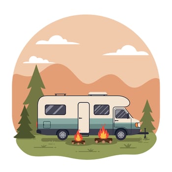 Camper Van Parked in Scenic Mountain Landscape with Campfire in Minimalistic Art vector
