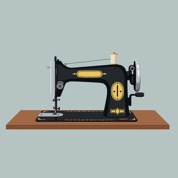 Vintage sewing machine in flat design style displayed on a wooden table, showcasing intricate details and craftsmanship, illustration vector