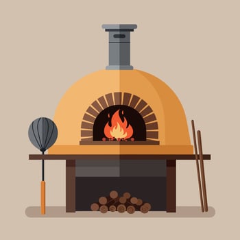 Traditional Brick Pizza Oven in Warm Tones with Rustic Tools and Fire in Flat Illustration vector