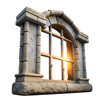 impressive rustic Ruined Building Window Frame Isolated with Sunlight premium png