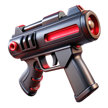 quintessential surreal Concept art style, hyper-specific, isolated cutout of a futuristic, sleek, black and red laser pistol Ultra-detailed with Transparent Background museum quality png