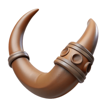 exquisite tropical Photorealistic, ultra-detailed, hyper-specific professional render, isolated cutout of a Minotaur's severed horn, intricate carvings visible with Transparent Background artisan png