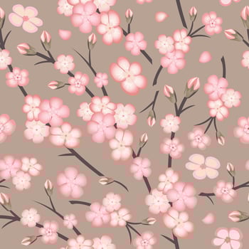 Spring seamless pattern with sakura branch flowers on beige background. Pink flowers of Japanese cherry, or apple flowers. vector