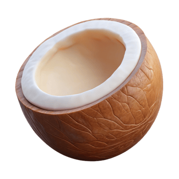 alluring artistic A single coconut, cracked open to reveal the white flesh with Transparent Background masterfully captured png