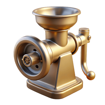 serene elegant Hyper-specific, professional render of a vintage meat grinder, isolated cutout with Transparent Background high resolution png