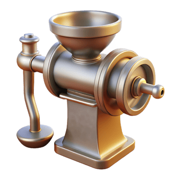 energetic exquisite Hyper-specific, professional render of a vintage meat grinder, isolated cutout with Transparent Background museum quality png