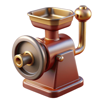 elegant passionate classic Hyper-specific, professional render of a vintage meat grinder, isolated cutout with Transparent Background impeccable png