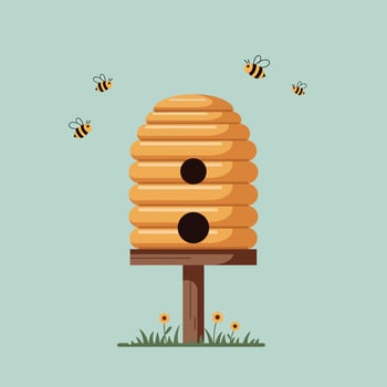 A vibrant beehive surrounded by buzzing bees in a flat and minimal design style showcasing natures harmony in art vector