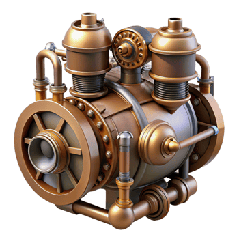 striking dreamy urban Steampunk airship engine with pistons, gears, and copper pipes with Transparent Background precision png