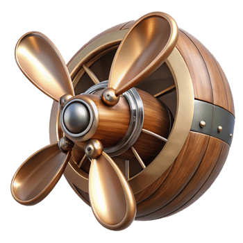 magnificent sought-after Steampunk airship propeller made of polished wood and copper with Transparent Background png