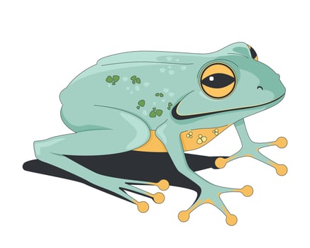 Green tree frog lo-fi 2D cartoon character. Cute amphibian. Tropical creature. Jungle wildlife. Rainforest animal. Treefrog toad flat animal isolated on white. Spot illustration colorful vector