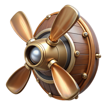 extraordinary memorable Steampunk airship propeller made of polished wood and copper with Transparent Background png
