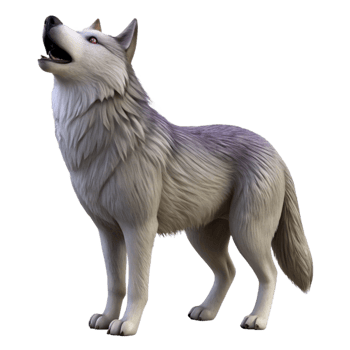 immaculate whimsical creative Isolated cutout, ultra-detailed photorealistic professional render of a single grey wolf howling, head tilted back with Transparent Background impeccable png