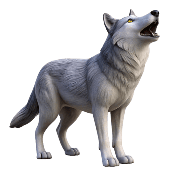 melancholic stunning Isolated cutout, ultra-detailed photorealistic professional render of a single grey wolf howling, head tilted back with Transparent Background flawless png