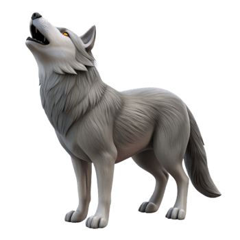 stunning art deco Isolated cutout, ultra-detailed photorealistic professional render of a single grey wolf howling, head tilted back with Transparent Background authentic png