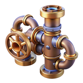 energetic radiant Steampunk pipe fitting with multiple connections with Transparent Background perfect clarity png