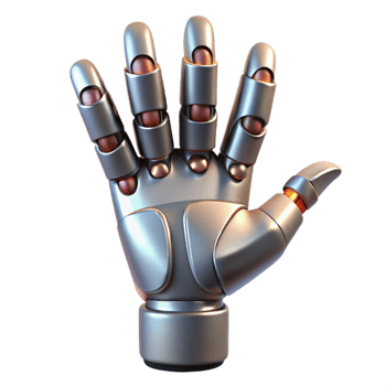 radiant inspired Concept art style, professional render of a biomechanical hand with articulated fingers, isolated cutout with Transparent Background png