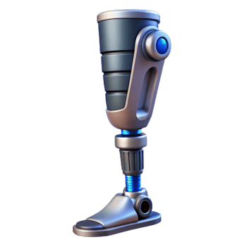 iconic renaissance Professional render, concept art style, biomechanical leg prosthesis with hydraulic suspension, isolated cutout with Transparent Background original png