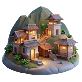 serene traditional Softly Lit Hillside Homes Cutout Vespera Village Isolated genuine png