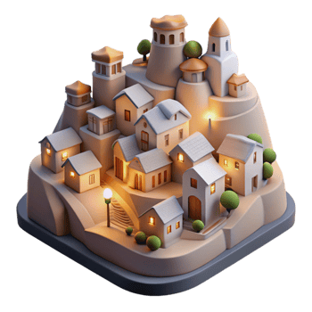 wonderful classic Softly Lit Hillside Town Isolated on Transparent authentic png