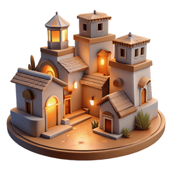 vibrant modern Softly Lit Vespera Village Cutout Twilight Scene Isolated high resolution png