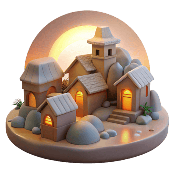 wonderful vintage Softly Lit Village Cutout Twilight Hillside Vista Isolated professional png