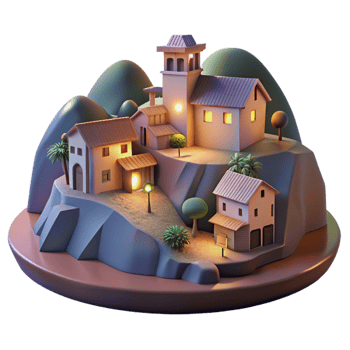 vibrant rustic Softly Lit Village Cutout Twilight Hillside Vista Isolated original png