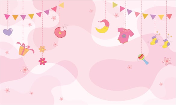 Flat design illustration of a Baby Girl Born background poster, featuring soft, pastel colors and welcoming elements, symbolizing joy, new beginnings, and the celebration of a newborn girl. vector