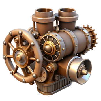 striking whimsical abstract Steampunk airship engine with exposed pistons and gears with Transparent Background 4K png