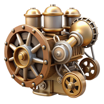 impressive coveted Steampunk airship engine with exposed pistons and gears with Transparent Background png