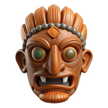 remarkable coastal Photorealistic, ultra-detailed, hyper-specific professional render of a tribal warrior's hand-carved wooden mask, isolated cutout with Transparent Background high resolution png
