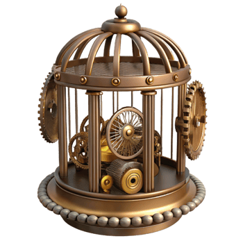 immaculate dynamic industrial Steampunk birdcage with intricate filigree and a clockwork mechanism with Transparent Background exclusive png