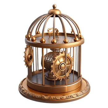 immaculate art deco Steampunk birdcage with intricate filigree and a clockwork mechanism with Transparent Background precision png