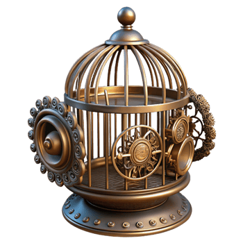 dreamy stunning Steampunk birdcage with intricate filigree and a clockwork mechanism with Transparent Background flawless png