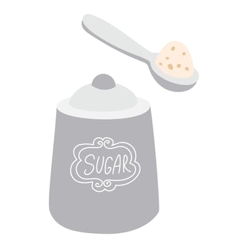 sugar bowl with a porcelain spoon is white with an inscription. Insulated jar for storing crumbly sugar on a white background. sweetener for tea. flat illustration of a storage jar. Kitchen utensils vector