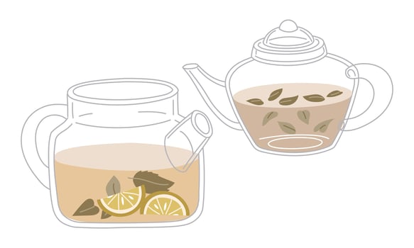 A set of transparent glass teapots with tea leaves and lemon. An open kettle with lemon slices. closed with tea. A kettle for a traditional and cozy tea party. Flat color illustration vector