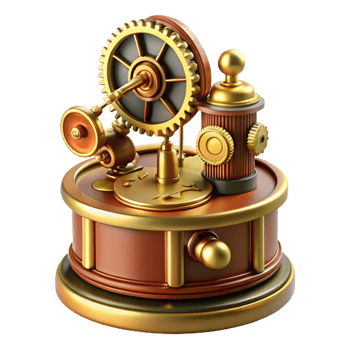 dazzling coveted Steampunk music box with intricate gears and rotating figurine with Transparent Background png