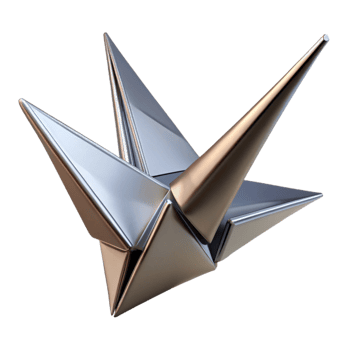 majestic dynamic geometric Concept art style, isolated cutout of a single, intricate, origami crane folded from metallic paper with Transparent Background refined png