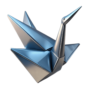 dreamy immaculate Concept art style, isolated cutout of a single, intricate, origami crane folded from metallic paper with Transparent Background crisp png