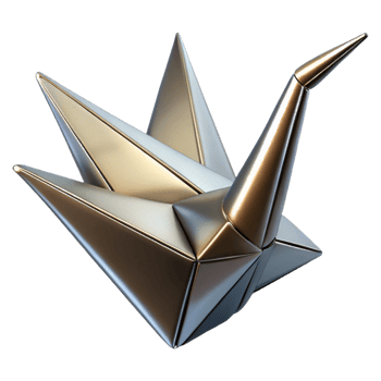 exquisite renaissance Concept art style, isolated cutout of a single, intricate, origami crane folded from metallic paper with Transparent Background professional png