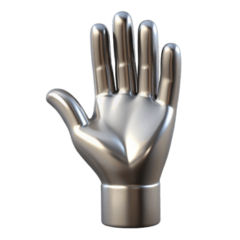 extraordinary signature A single, open hand reaching upwards, made of polished silver with Transparent Background png