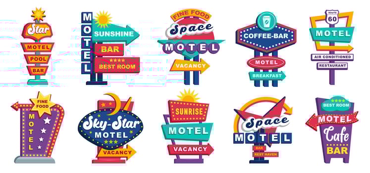 Vintage American Road Signs and Motel Elements. Retro Street Pointer Icon Set vector