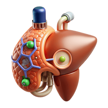 coveted baroque Hyper-specific, concept art style, isolated cutout of a biomechanical liver with integrated chemical processing unit with Transparent Background perfect clarity png