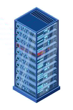 Isometric server. Network server room. 3D computer equipment. Storage database. Isometric. vector