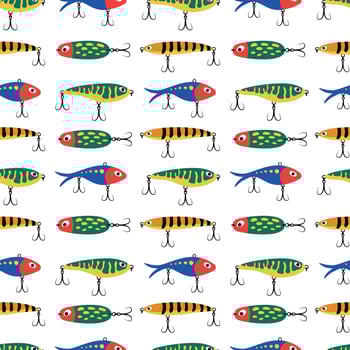 Colorful Fishing Lures Seamless Pattern. Includes various bait designs. ideal for fishing and outdoor themed projects vector
