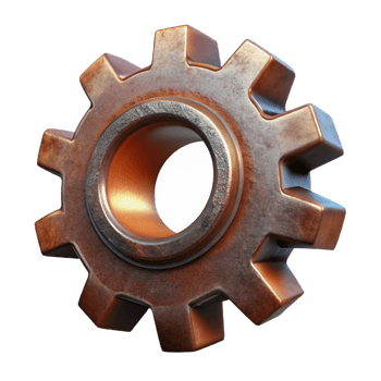 striking iconic Hyper-specific professional render of an isolated, floating, gear cogwheel made of rusted metal Isolated cutout with Transparent Background png