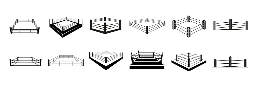Boxing Ring Icon Set. Sport Arena Silhouettes, Logos, and Fighting Zone vector